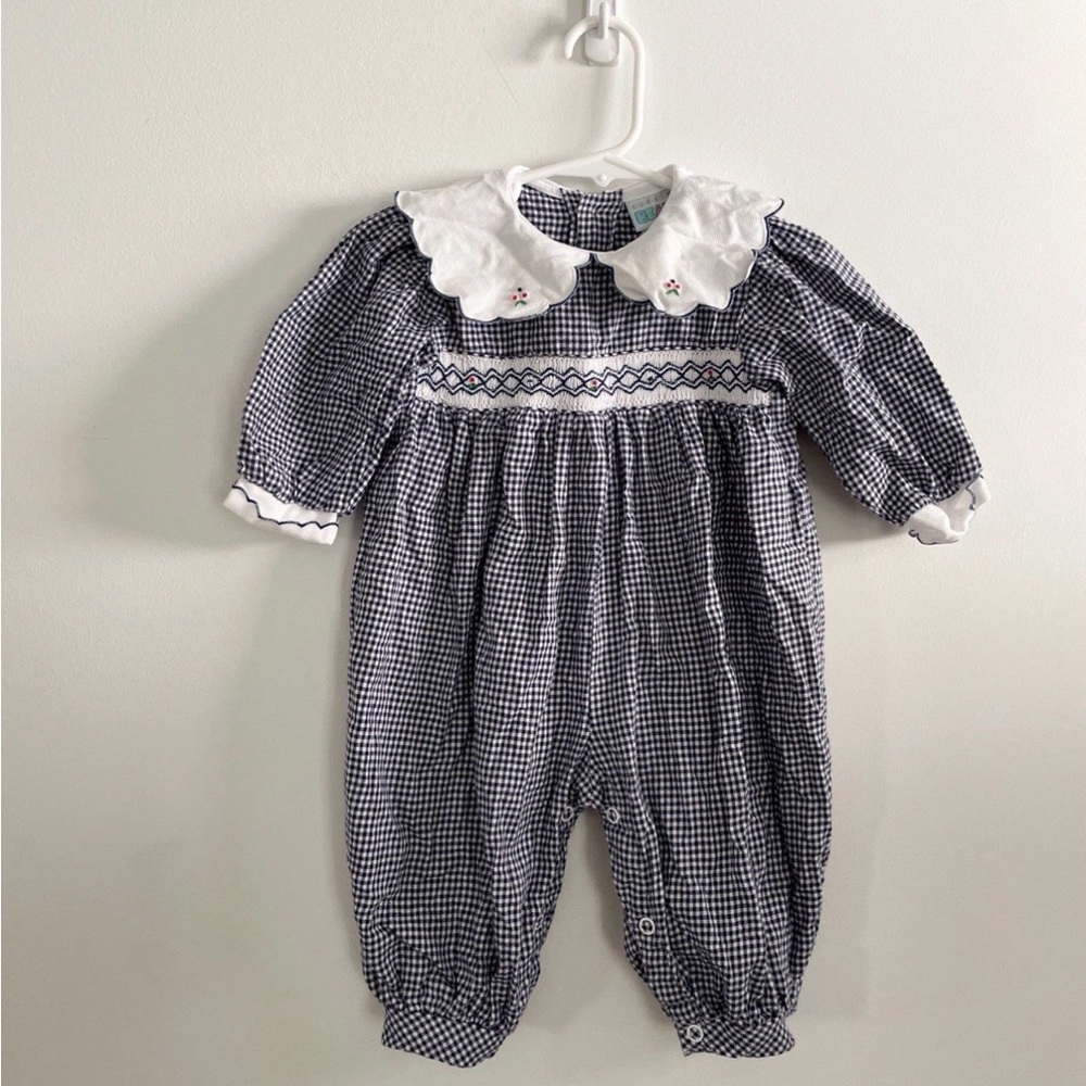 Vintage Smocked Peter Pan Collar Gingham Baby One Piece 6 Months